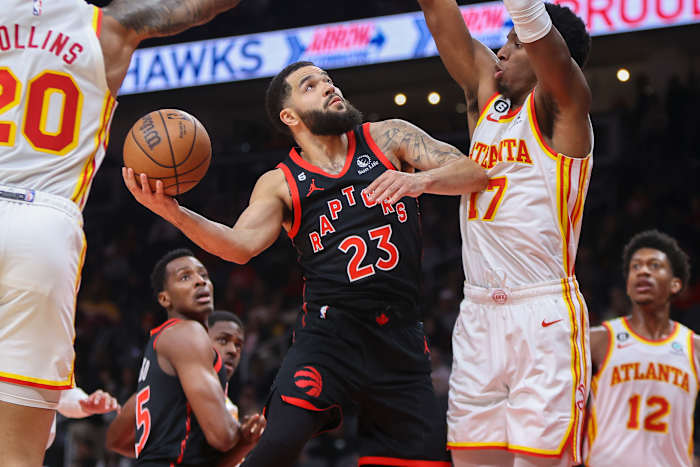 Raptors guard Fred VanVleet shoots over Atlanta Hawks forward Onyeka Okongwu.